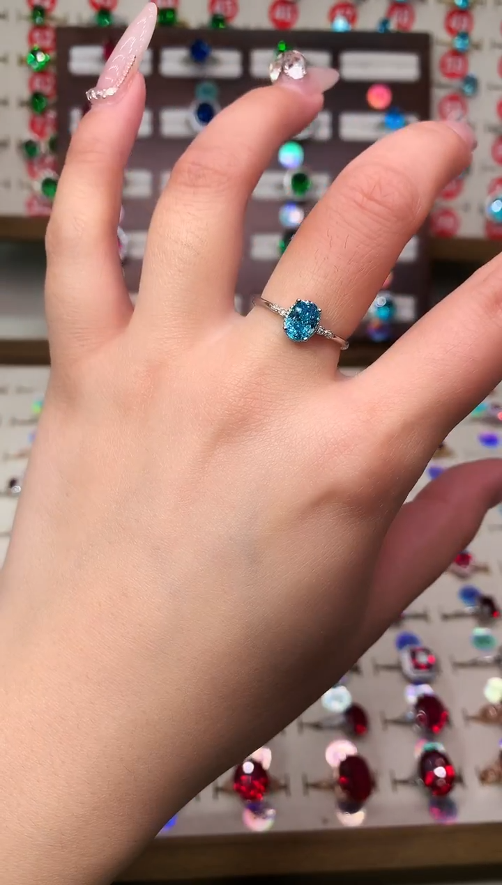 银S925镶嵌戒圈海蓝宝石5*7 银托