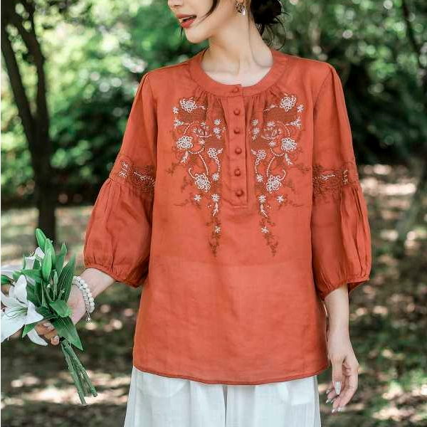 苎麻小衫复古文艺别致漂亮衬衫阔太太气质轻薄显瘦上衣女装