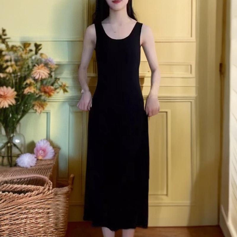 复古港风高弹力大码中长款慵懒风法式纯色背心裙连衣裙吊带裙