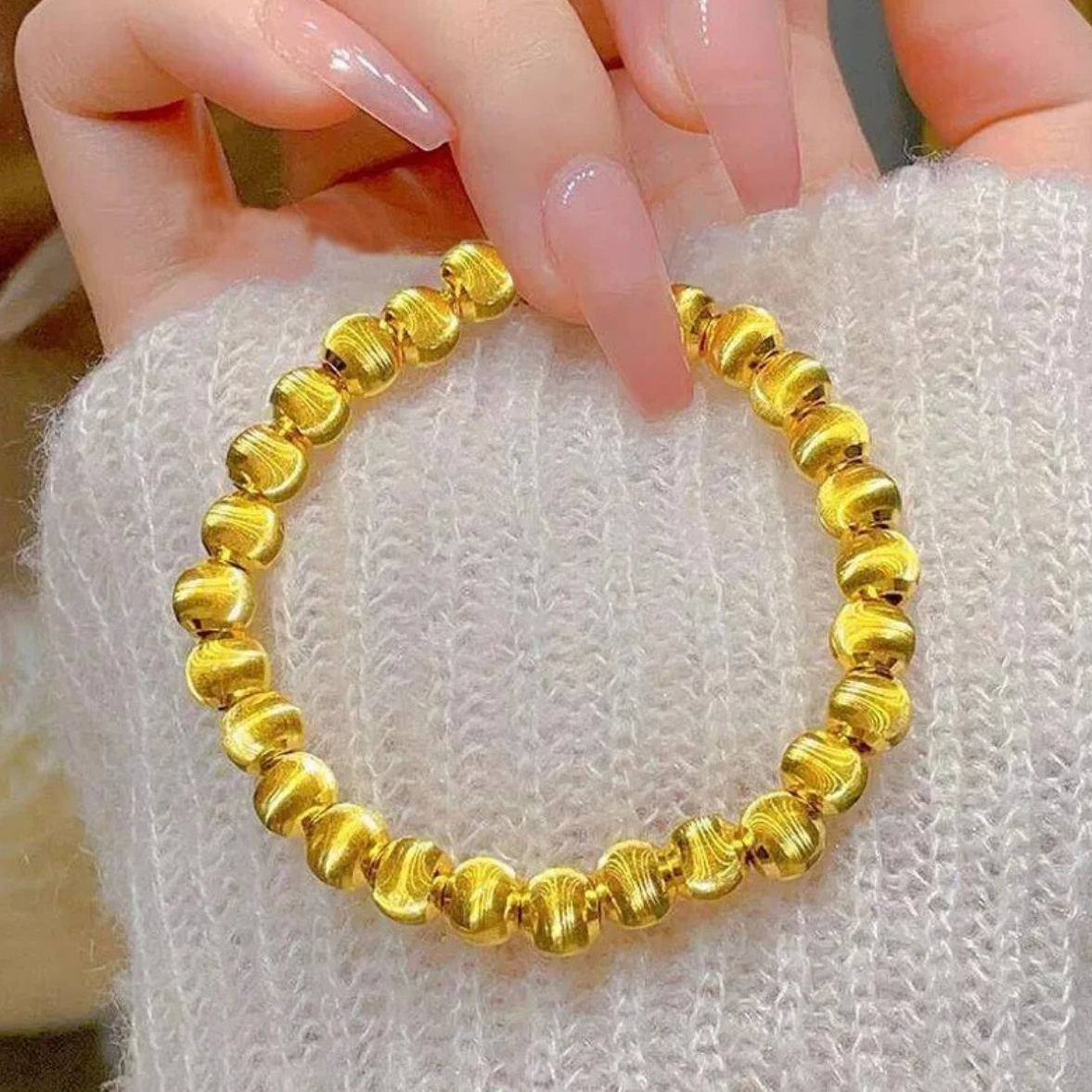 OULLEN 铜合金手链 不掉色猫眼珠珠气质精美百搭女士弹力轻奢手饰