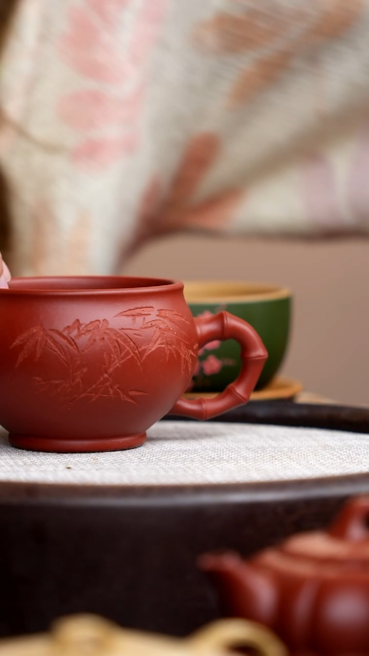 茶壶紫砂朱泥竹节手把杯刻竹