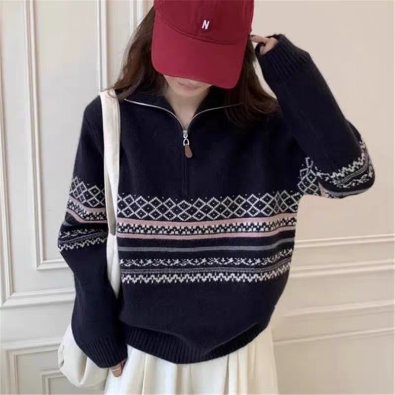 立领拉链拼色半高领毛衣女款2025新款针织上衣学生内搭秋冬打底衫
