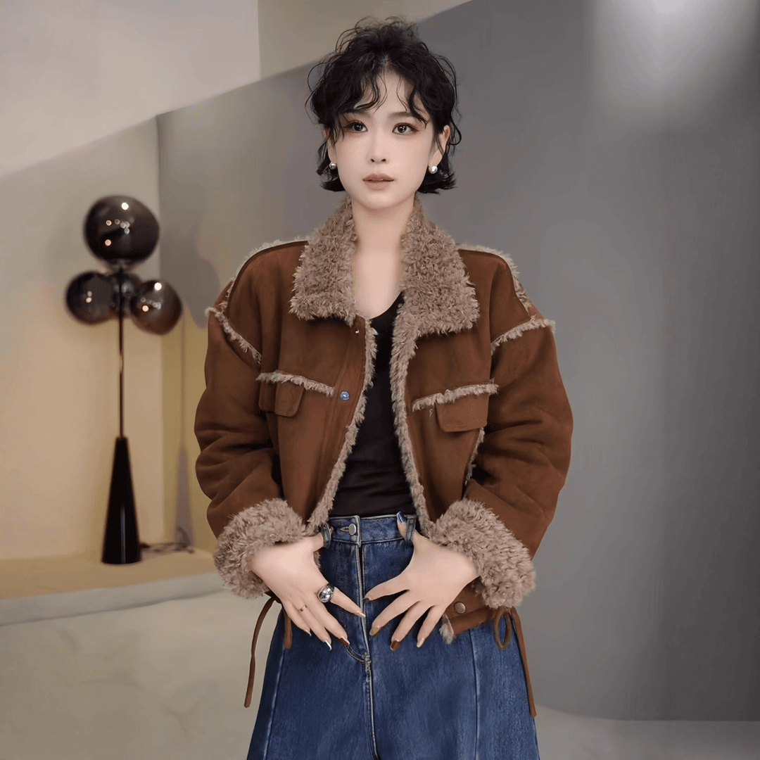 2025冬季新款翻领新款下摆抽绳时尚百搭单排扣下摆抽绳保暖短外套