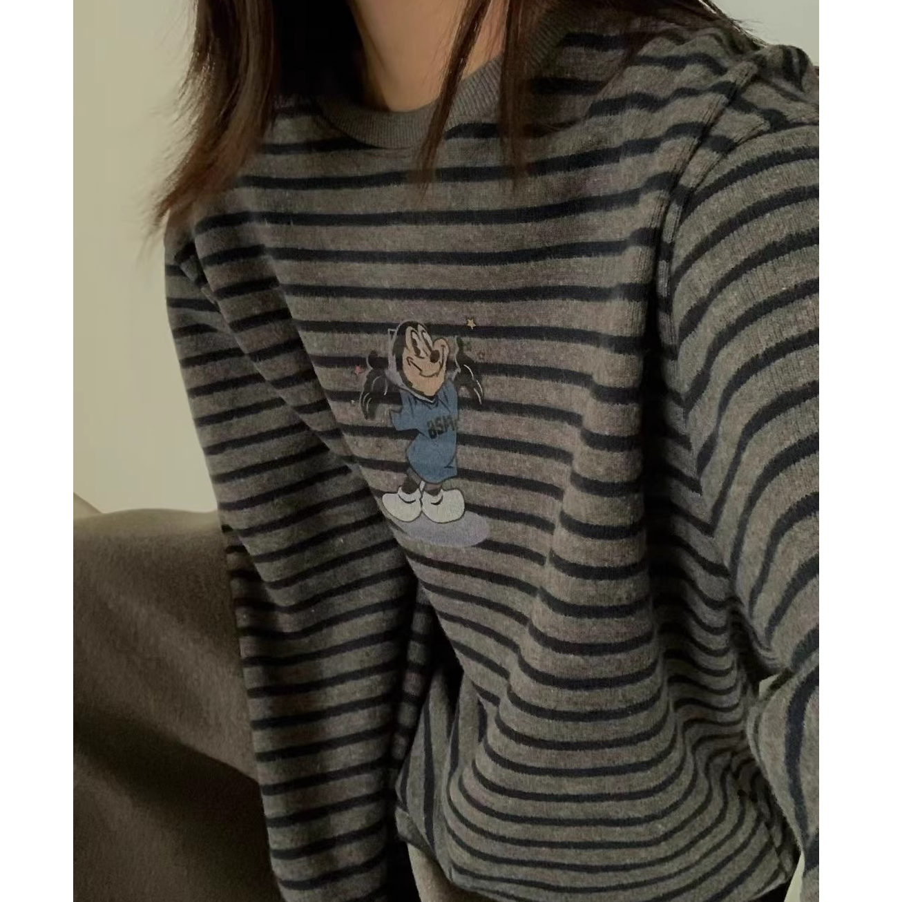 高端货~韩国卡通印花经典条纹长袖T恤冬季加厚宽松休闲上衣女