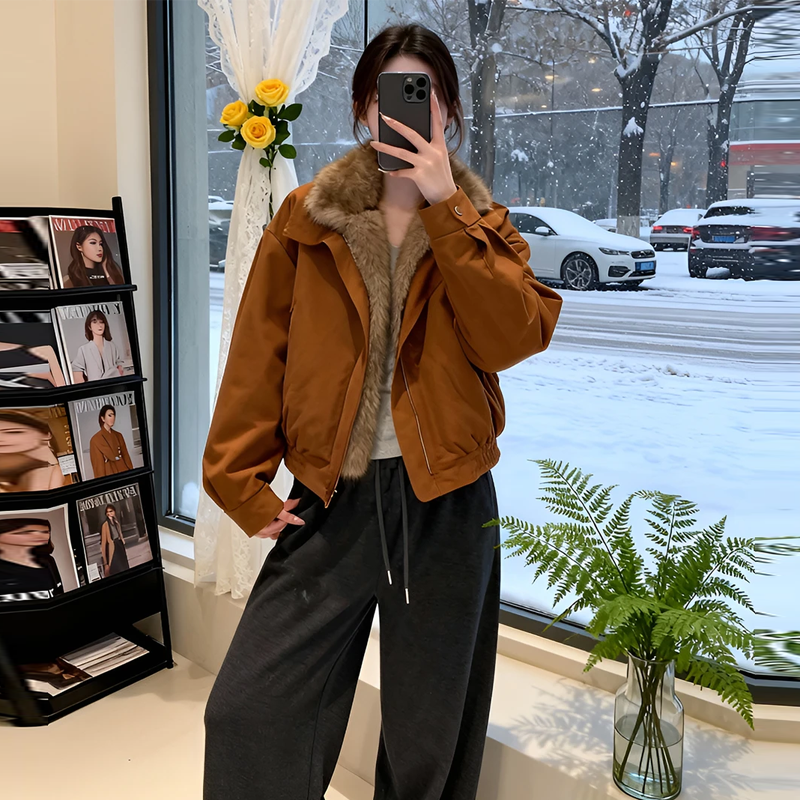 香朵儿【焦糖拿铁】氛围感翻领毛领棉服外套女秋冬新款保暖加厚棉衣
