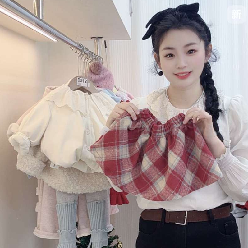 女童秋冬季圣诞格纹半身裙女宝冬装加厚保暖裙子儿童新年百搭童装
