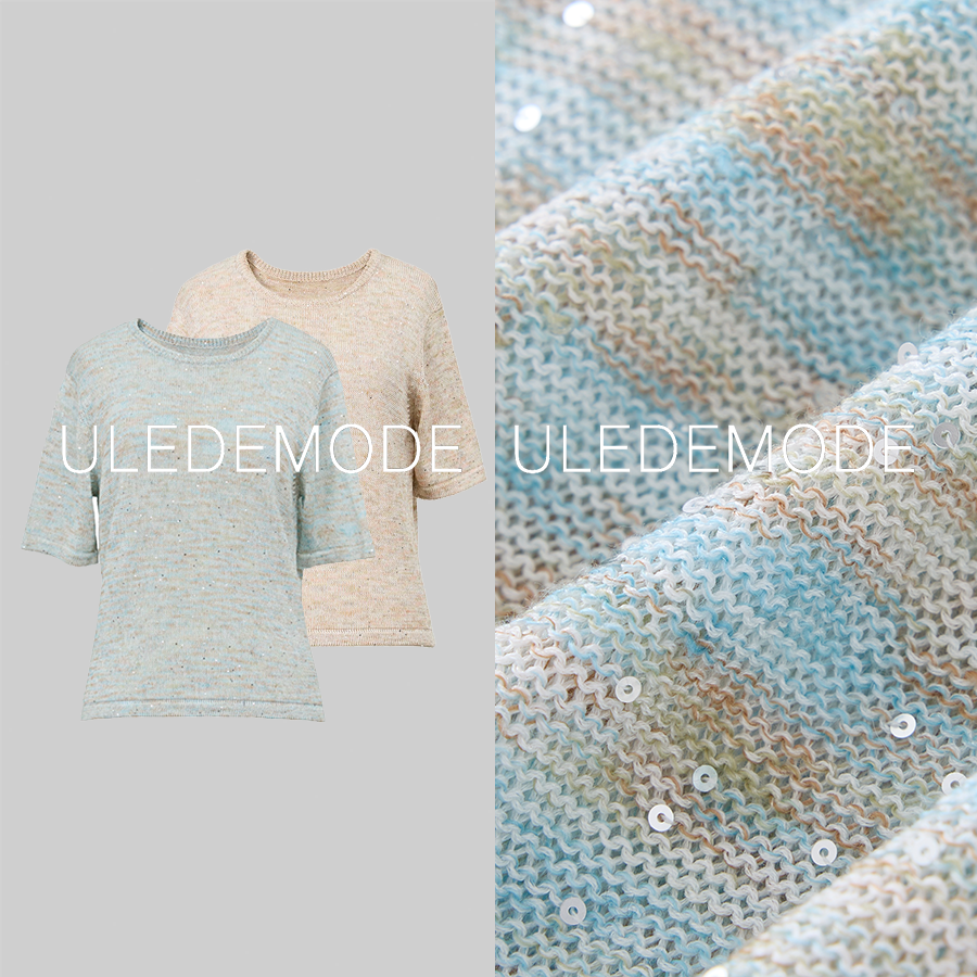 ULEDEMODE意大利康赛妮 段染纱亚麻珠片圆领针织衫*LM464