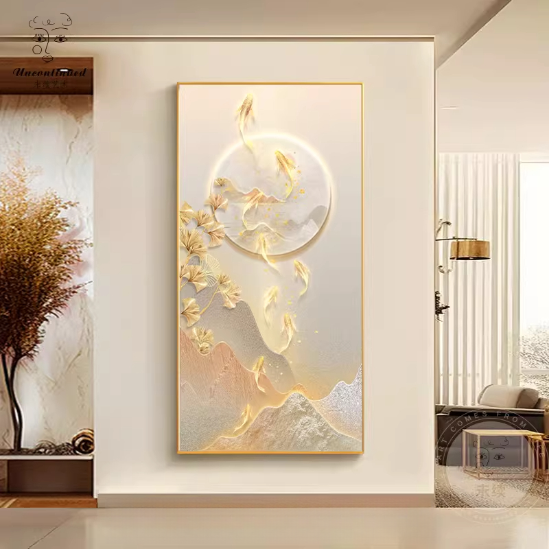 现代轻奢入户玄关装饰画九鱼图客厅走廊高级感挂画银杏叶竖版壁画