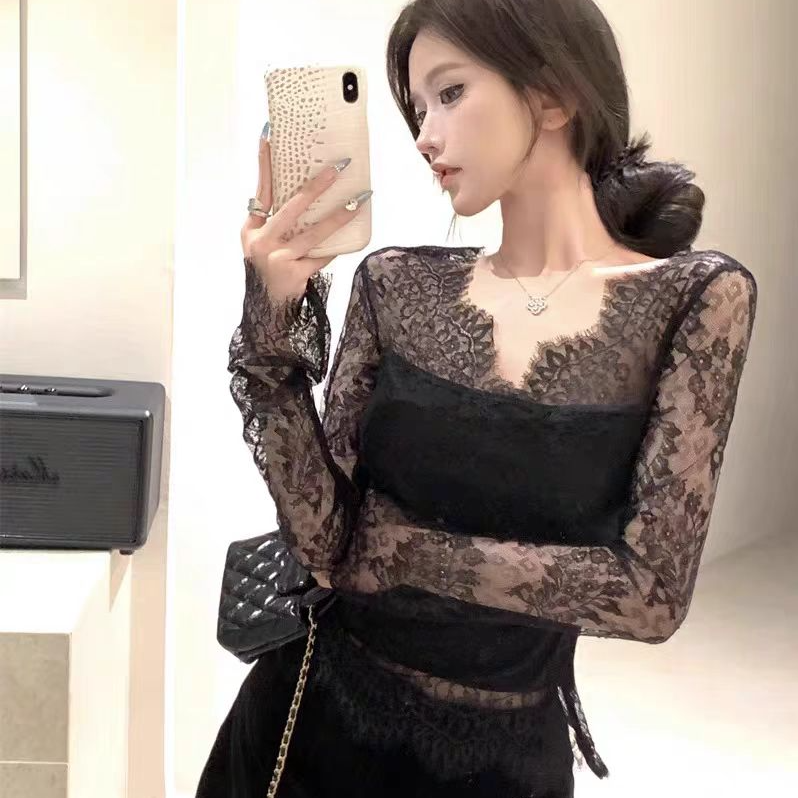 〖猫姐衣橱〗早春新款纯欲风睫毛蕾丝打底上衣2493