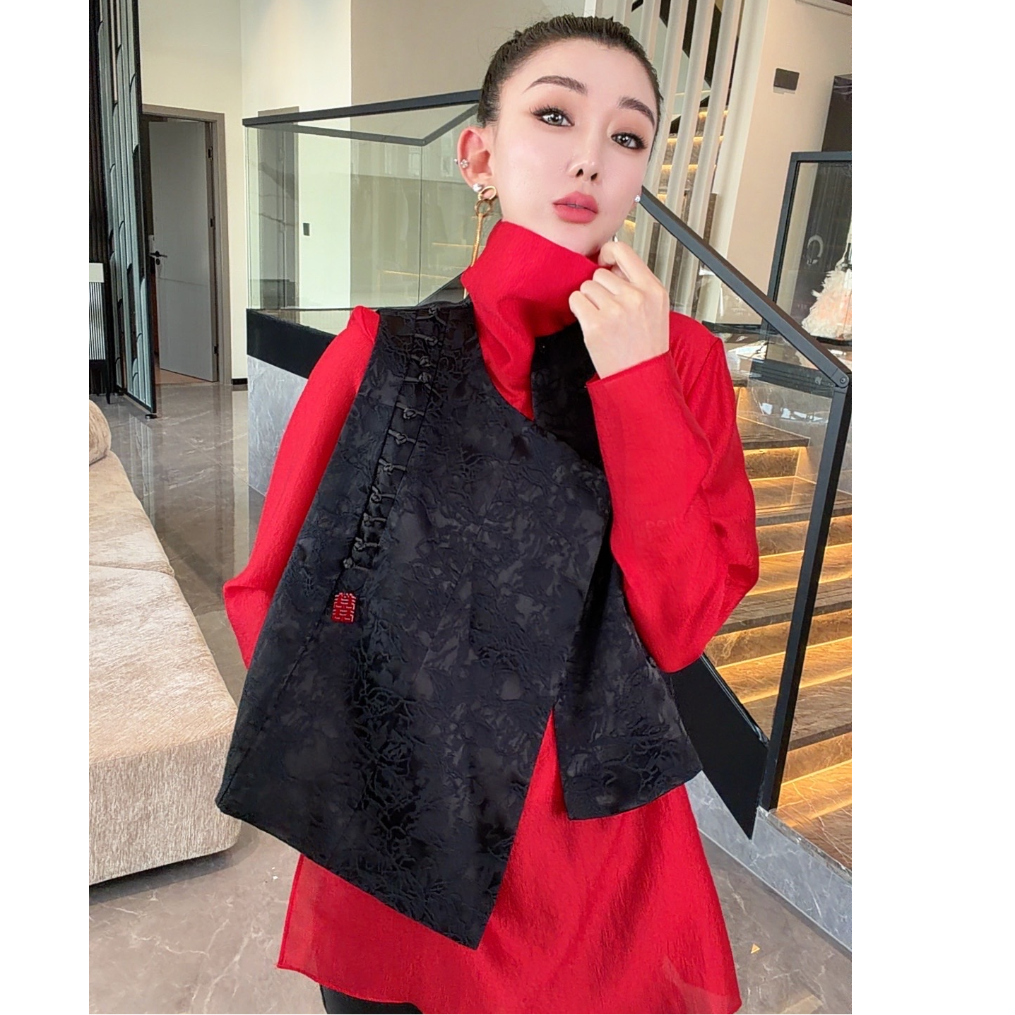 【宝姐家/马夹】春季提花立体装饰立领适中唐装薄款复古新中式女