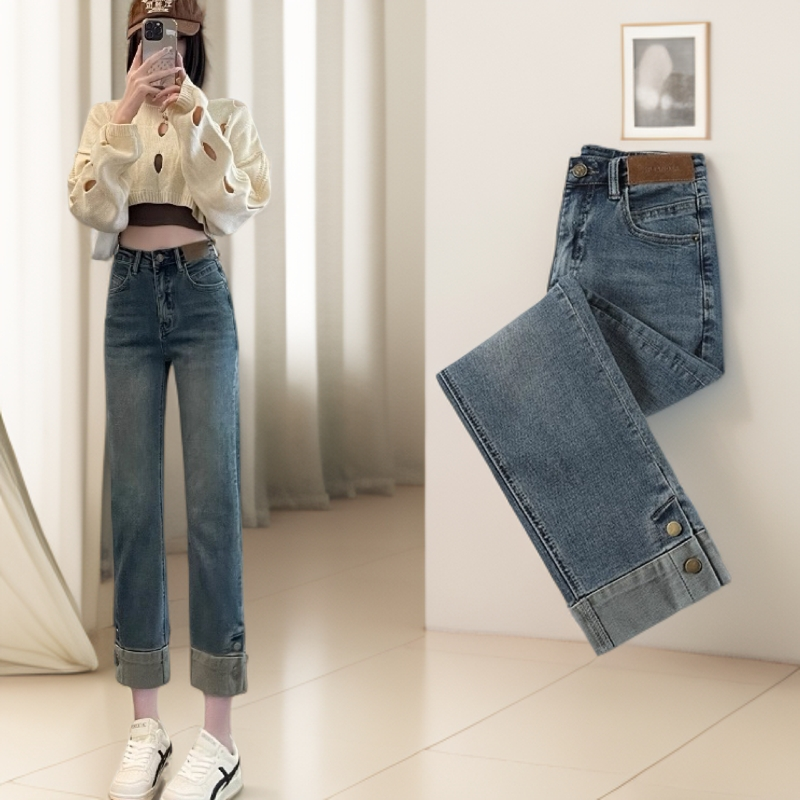 【素境】219九分弹力直筒牛仔裤秋季新款宽松高腰显瘦小个子法棍（4）