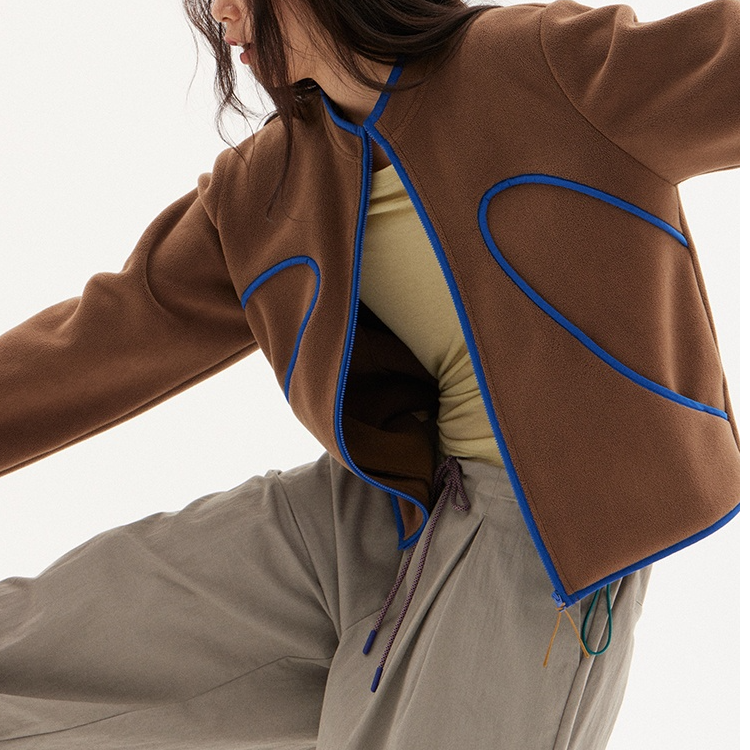 奥粒绒双面复合运动外套女厚款秋冬保暖宽松拉链开衫拼色圆领