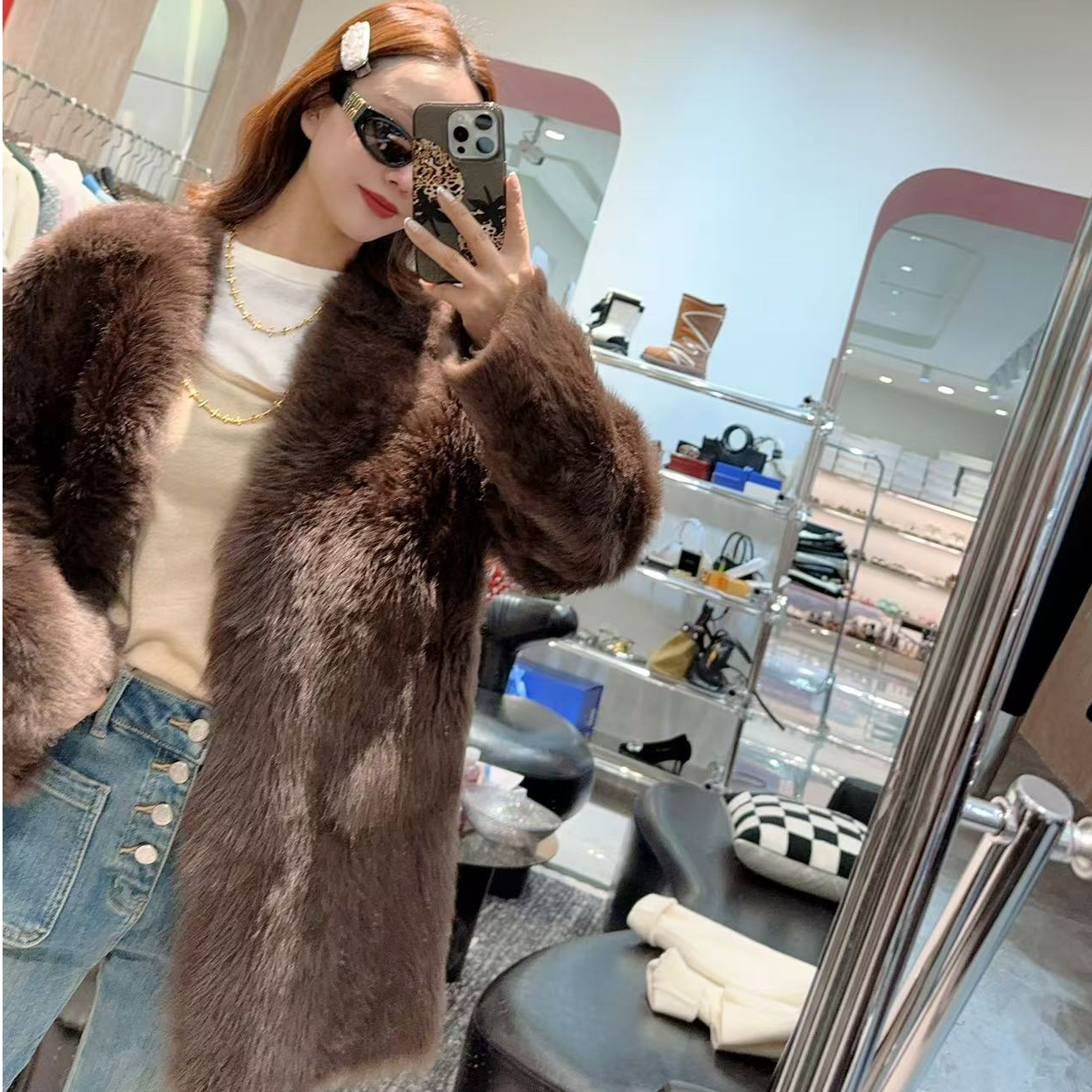 zhaoxiaopao/赵小泡棕色皮毛一体外套