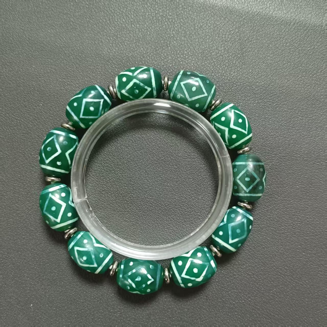 民国 【宝韵】 蚀花绿玛瑙珠 手串KC7953