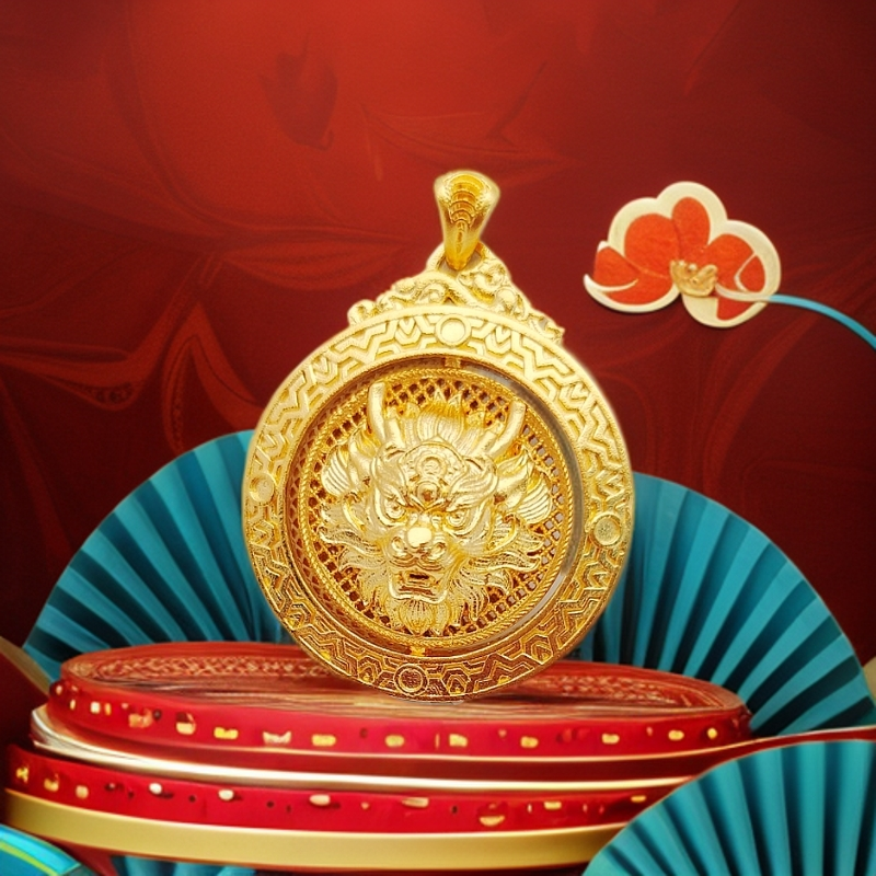 吊坠足银 旋转龙牌吊坠手工时尚国潮古法传承金色素款挂坠