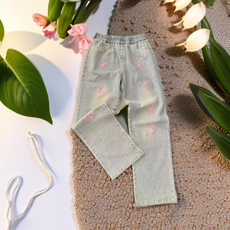 蝴蝶刺绣新款大码高腰直筒裤水洗做旧休闲时尚宽松重工压钻牛仔裤