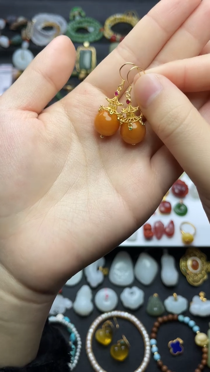 蜜蜡银S925镶嵌耳饰圆珠耳钩06