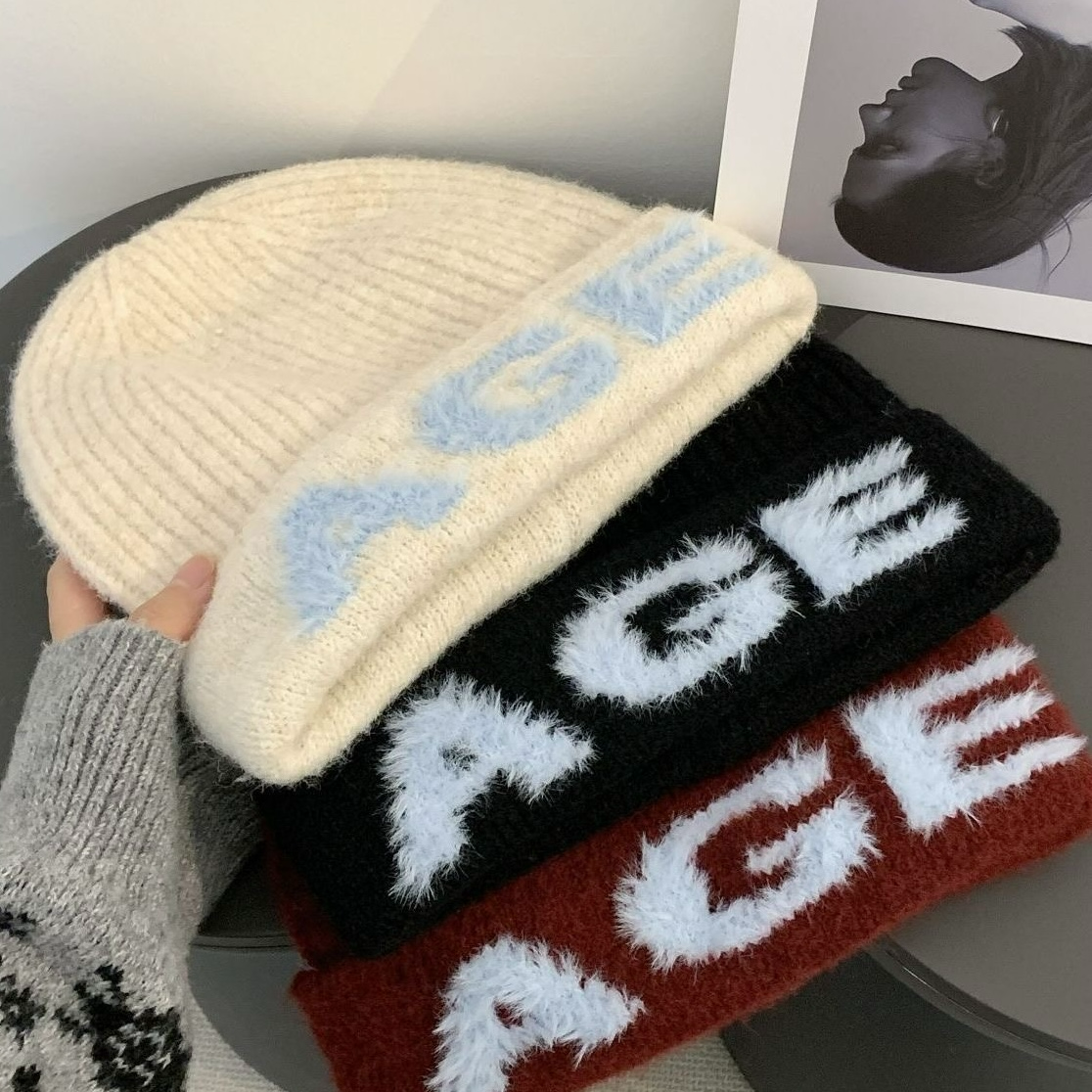 【热销】25韩版简约百搭字母针织帽子女秋冬保暖百搭显脸小冷帽