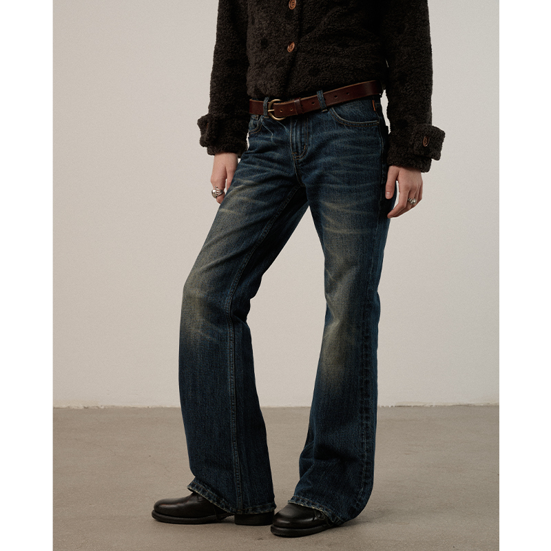 Achihara【安特卫普的雨】微喇叭做旧长裤子休闲冬季款深蓝牛仔裤