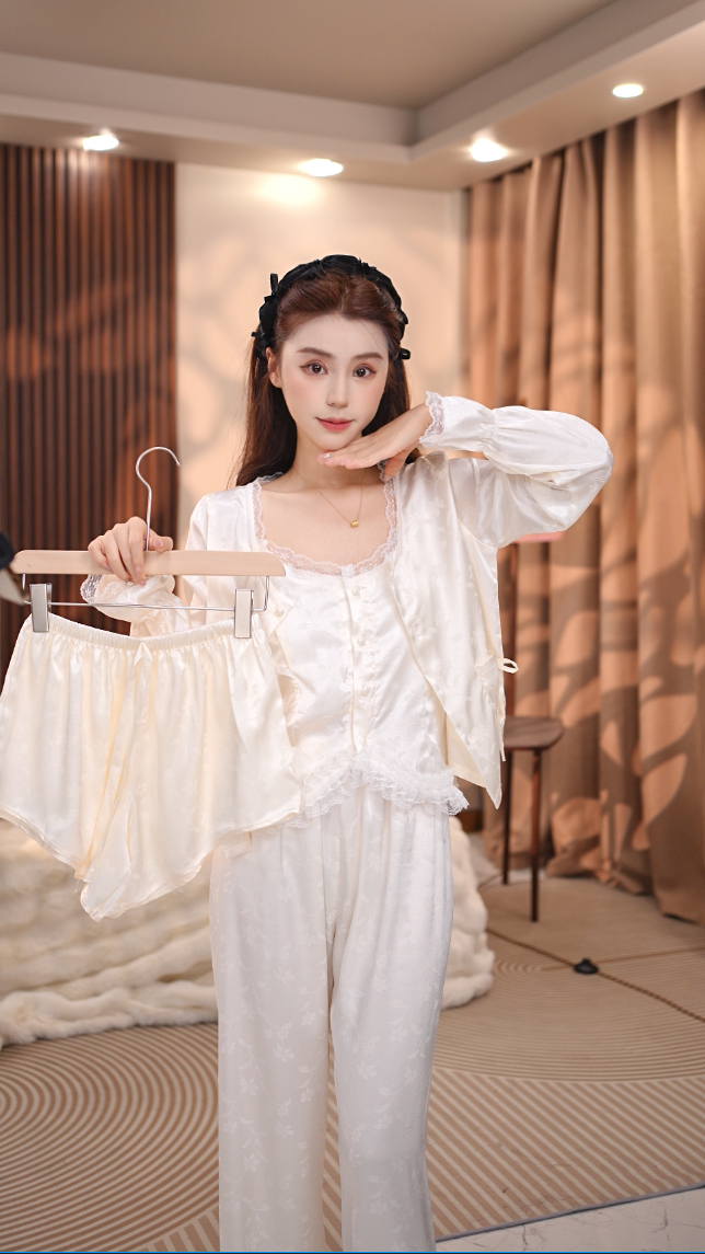 【松间步月】秋季新款女士甜美气质提花带胸垫小众家居服四件套装