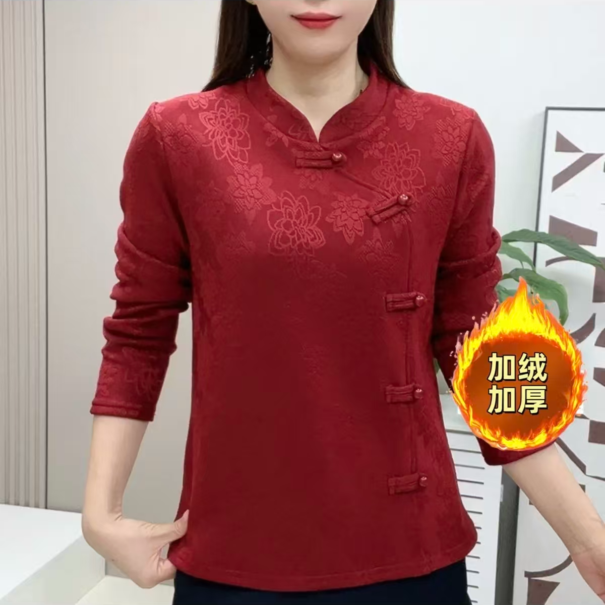 提花加绒国风盘扣女士加厚保暖小衫百搭洋气时尚上衣