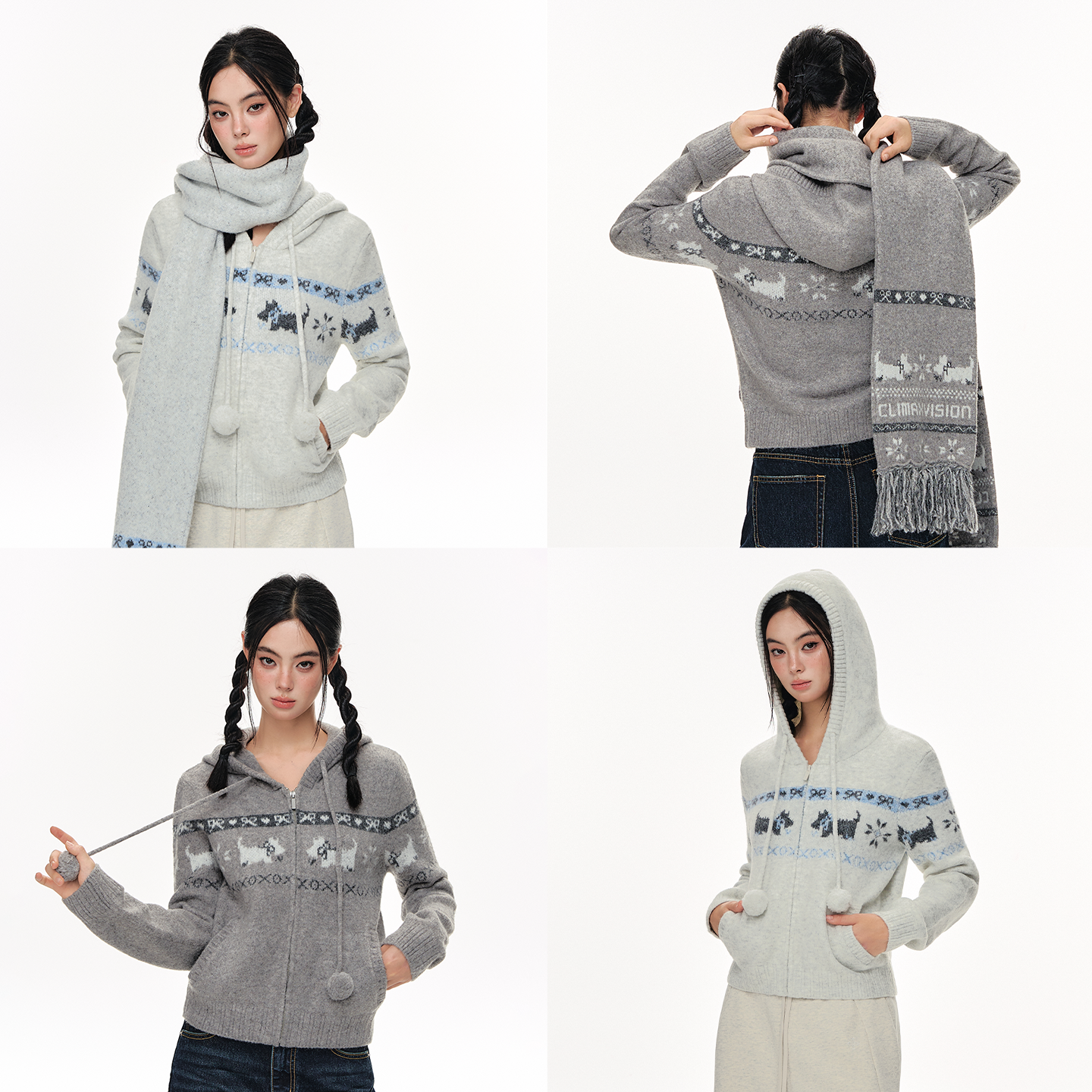 CLIMAX VISION西高地狗狗提花撞色慵懒针织连帽开衫毛衣