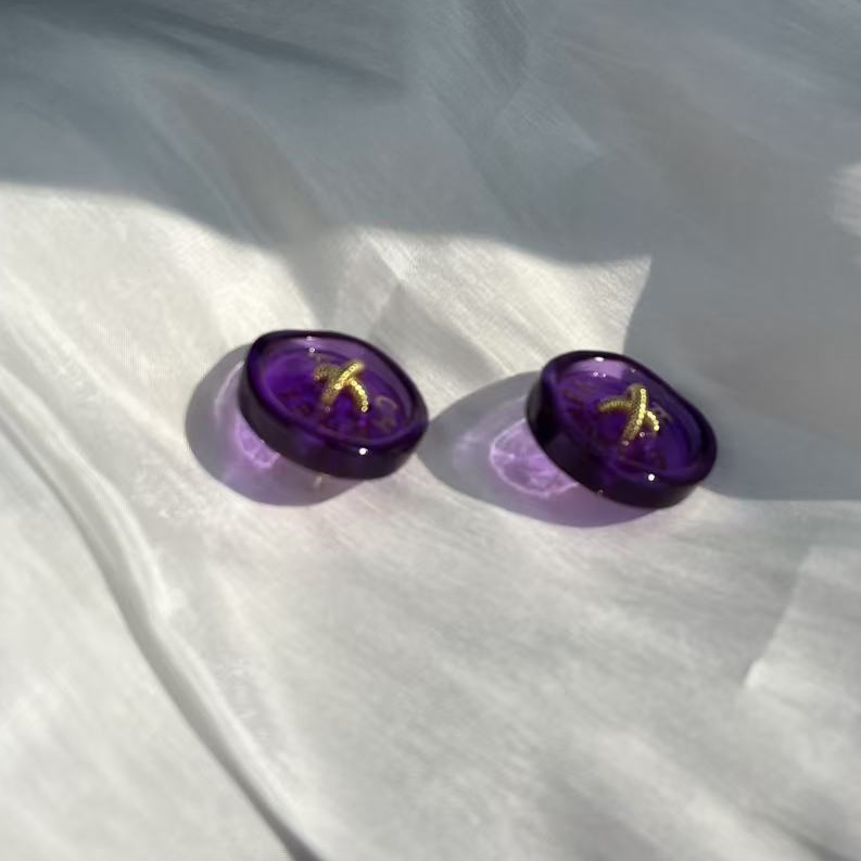 合金树脂耳饰 【伊琳甄选】紫色纽扣耳钉中古百搭手工彩色小众梦幻