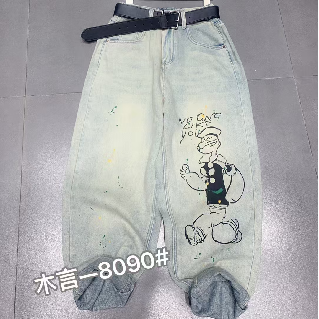 欧货998090洗水做旧老人头牛仔老爹裤
