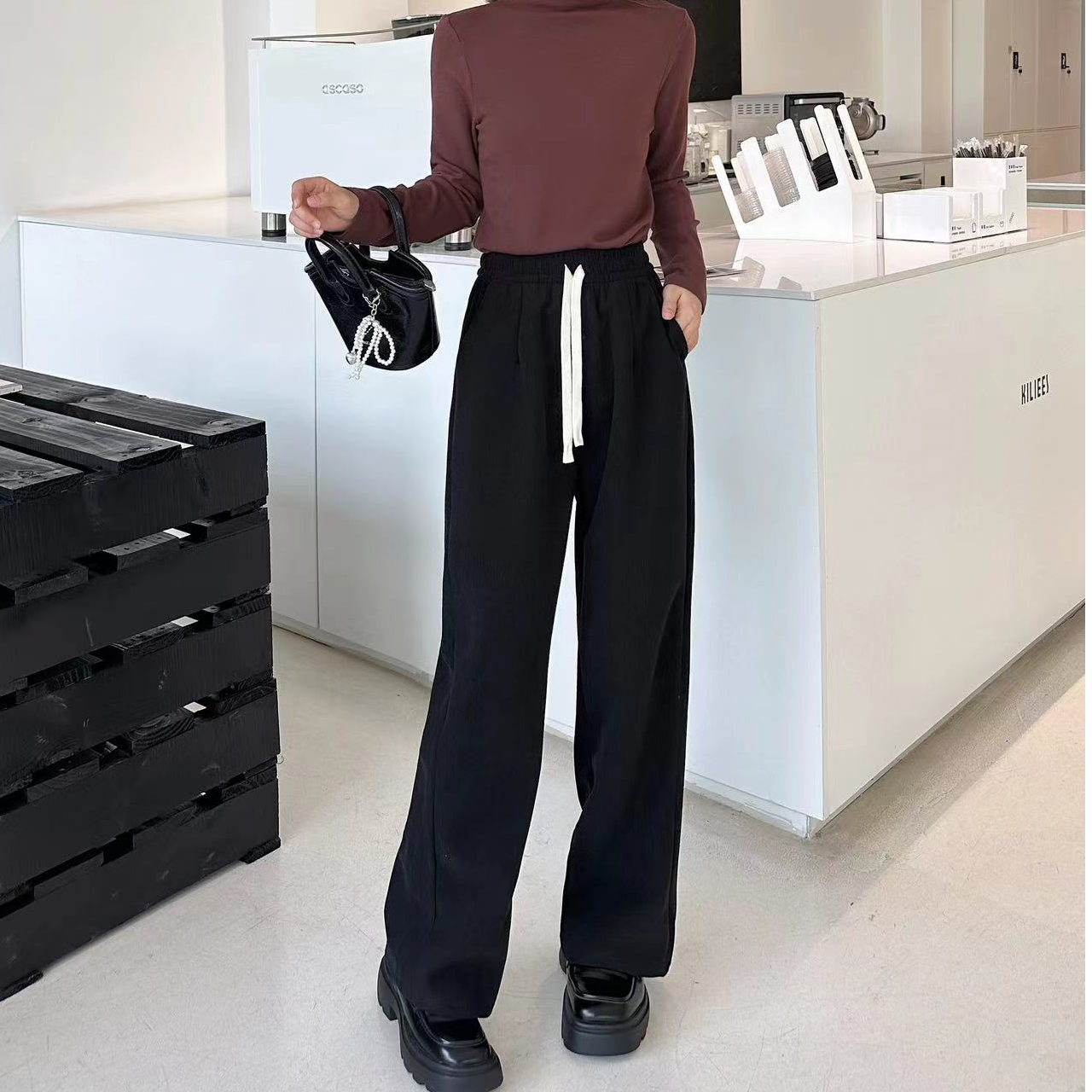 窄版阔腿裤秋冬季新款欧棉绒高腰显瘦宽松直筒香蕉裤2525