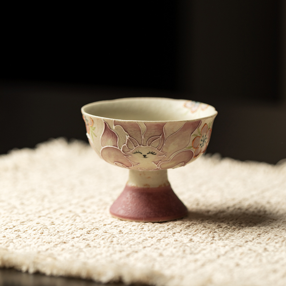 墨己火石红手绘九尾狐陶瓷茶杯精致棠梨高足杯家用主人杯功夫茶具