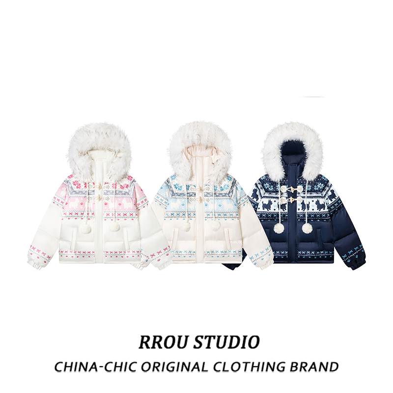 RROU原创费尔岛复古雪花兔子毛领连帽棉服外套女秋冬棉衣