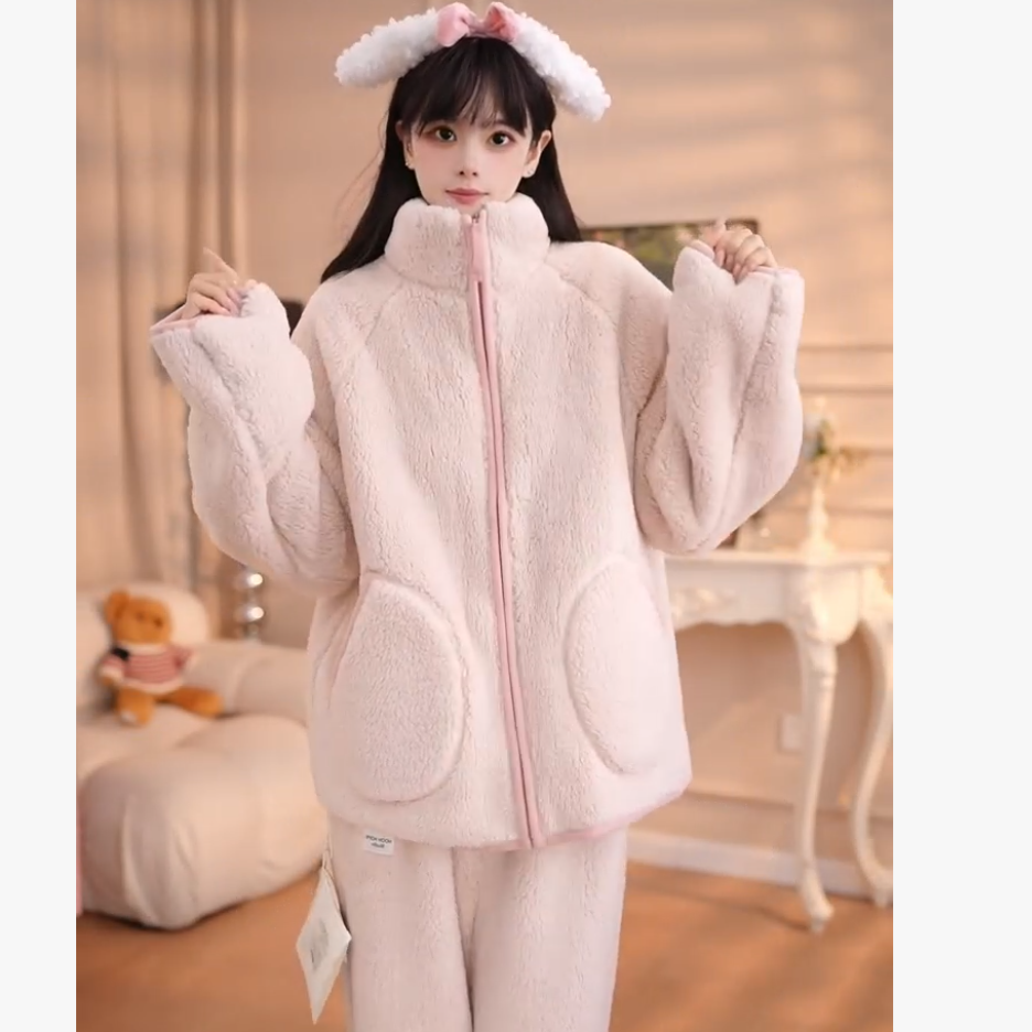 【绒绒泡芙】立领款！加绒睡衣一套秋冬季保暖睡袍睡衣大码加厚