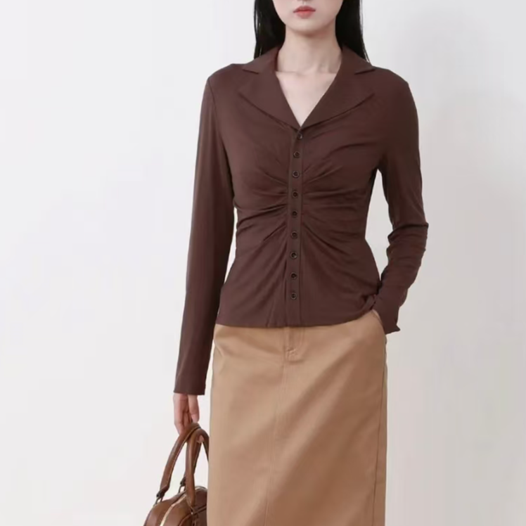 GIRDEAR/哥弟130097  V领亲肤修身褶皱时尚气质法式显瘦纯色上衣