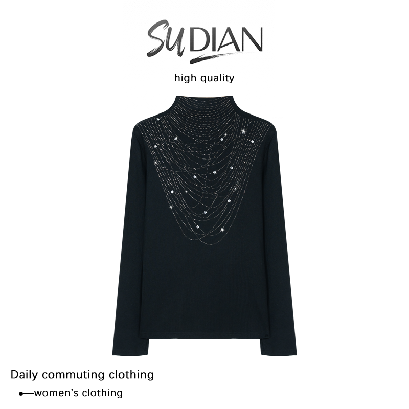 【SUDIAN】百搭黑色流行满天星烫钻打底衫网红洋气时尚Q24CD2017