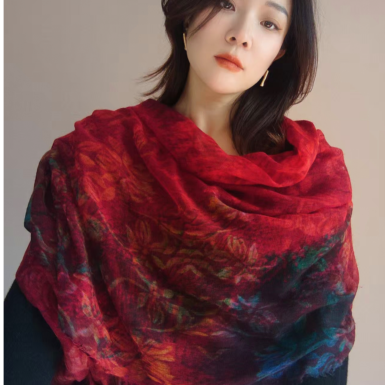 青城倾国夏天300支轻薄羊绒围巾防晒百搭印花围巾轻奢小众风格