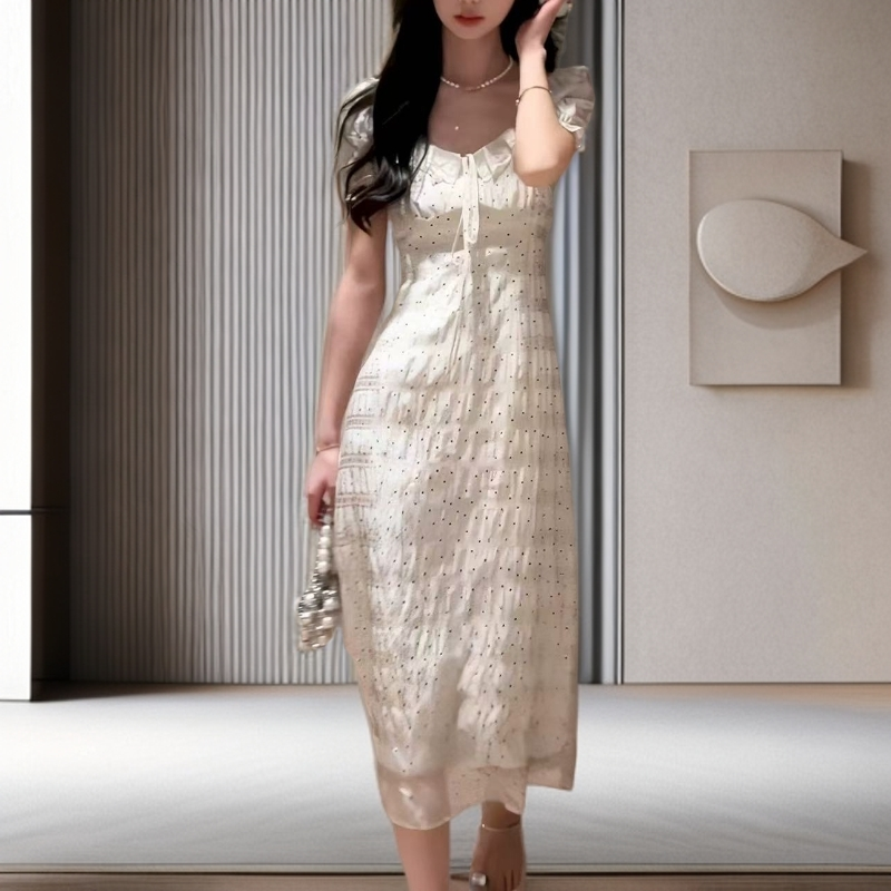 6957#【裙长115】夏季法式温柔方领泡泡袖气质收腰显瘦波点连衣裙