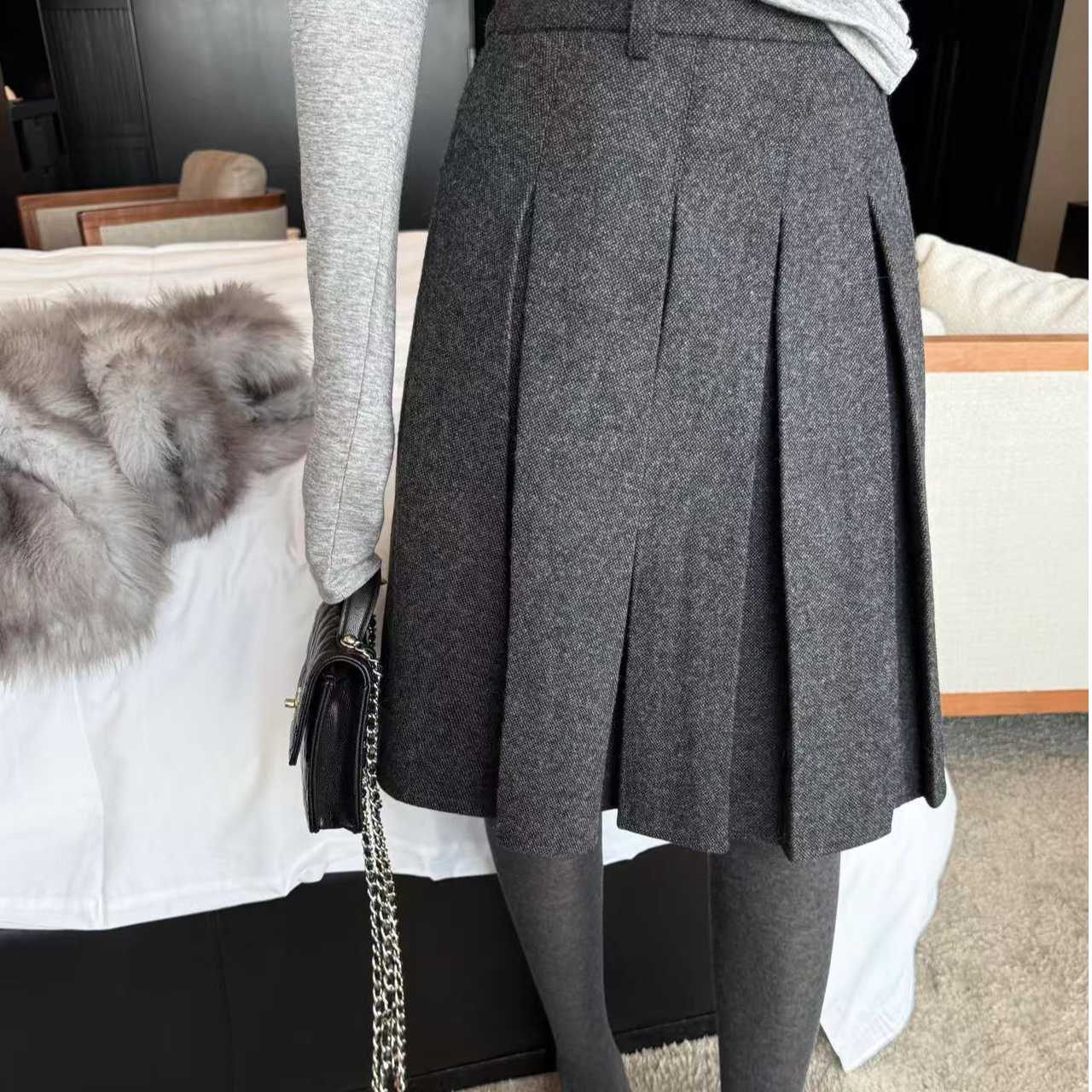 Laareetoo 羊毛毛呢百褶半身裙女秋冬季灰色高腰直筒宽松a字裙子