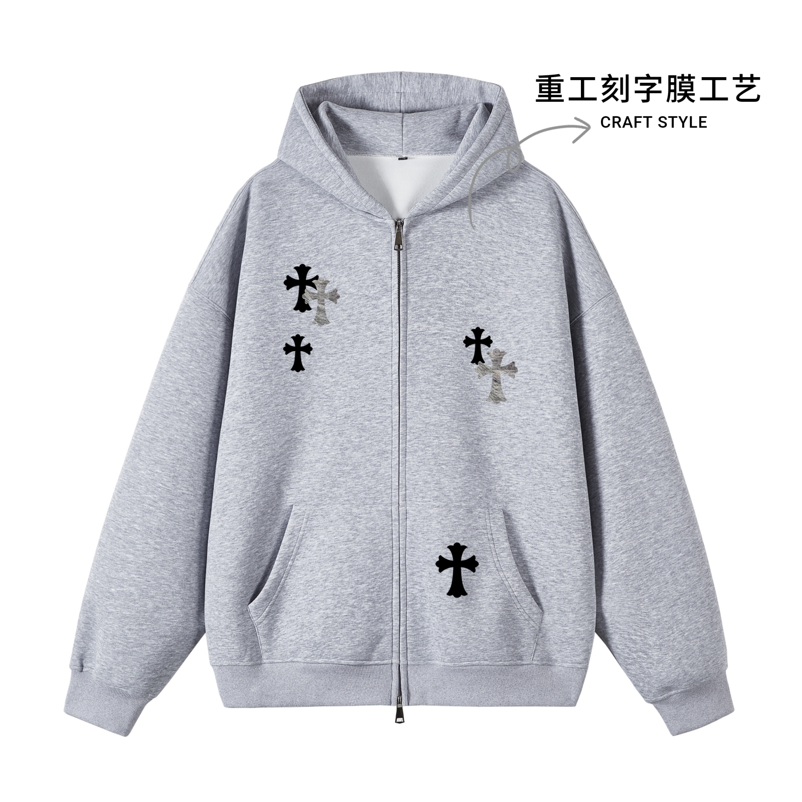 【现货-重工】潮牌植绒拉丝华棉500克连帽卫衣男女款秋冬卫衣-Q602