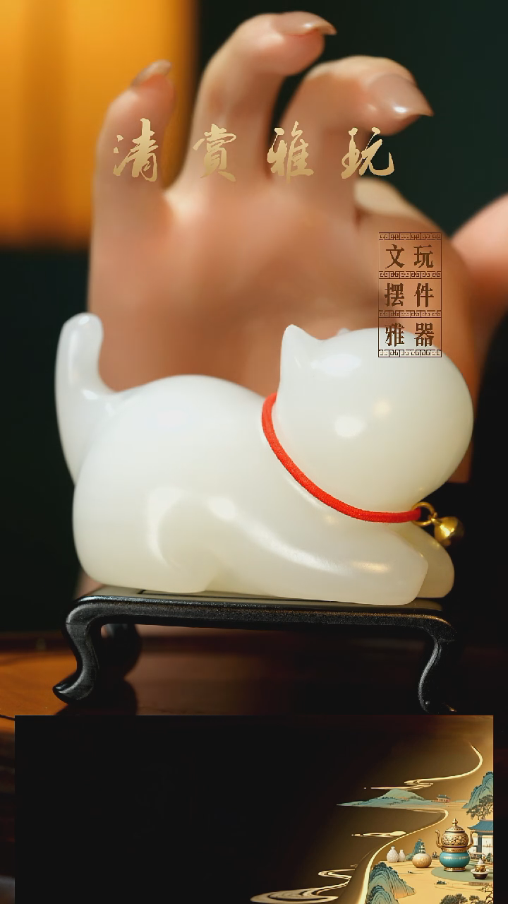 玉《铃铛猫》手把件摆件