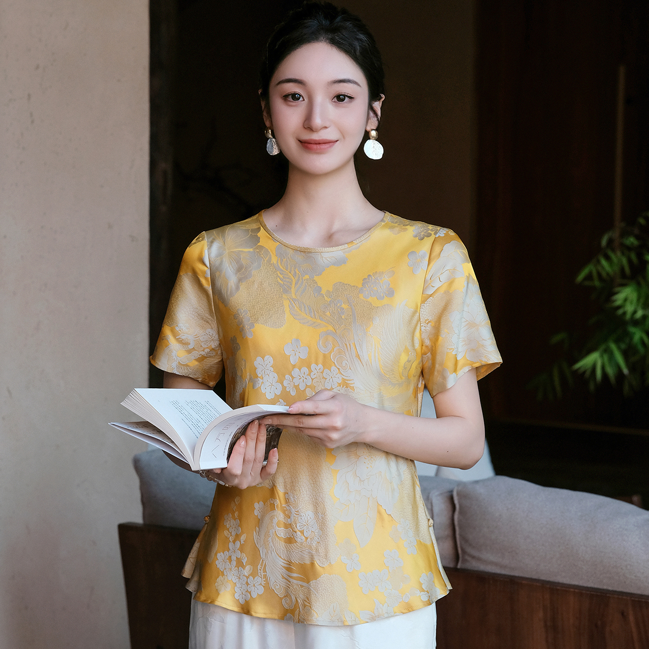 盛唐婧|桑蚕丝牡丹提花修身国风简约短袖