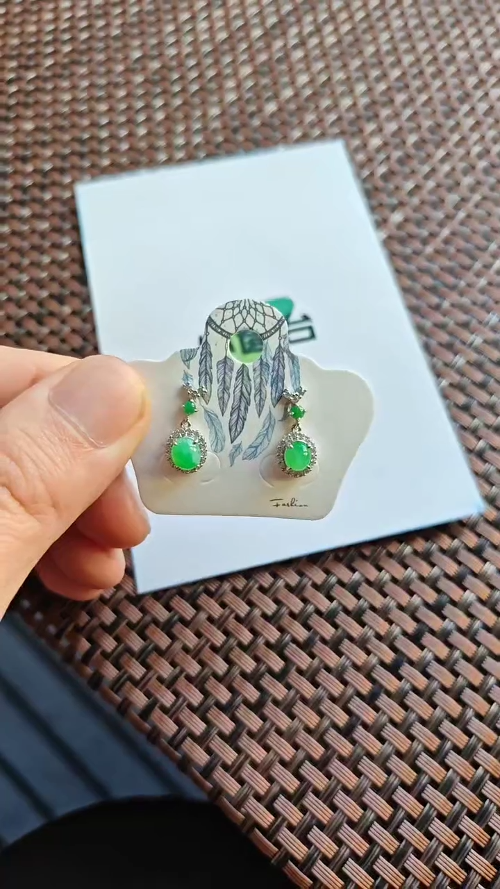 【闪购商品】翡翠耳饰银S925镶嵌翡翠耳饰S925银镶嵌