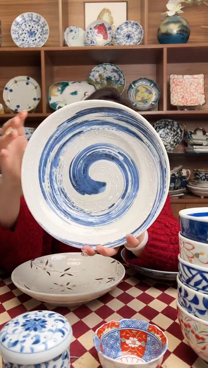 【闪购商品】瓷片粉引青流23cm三轮冷面盘  