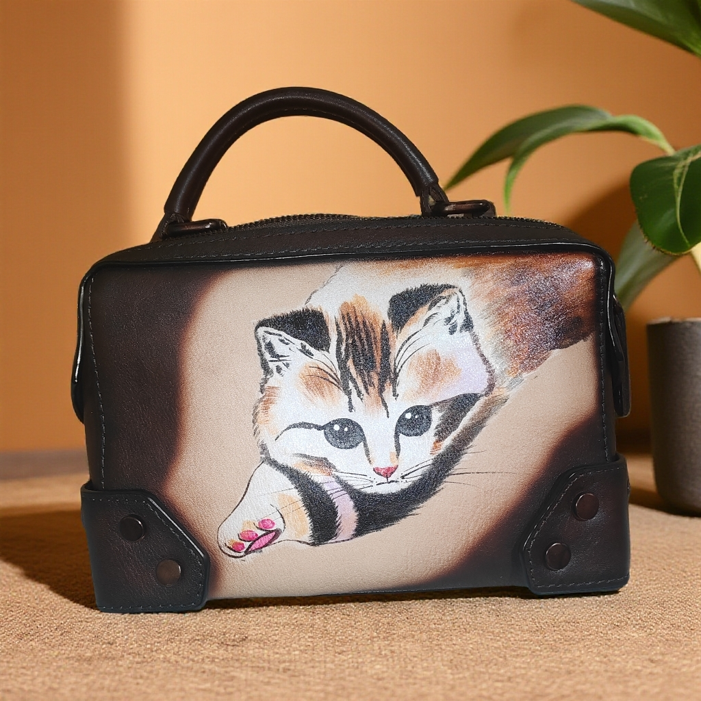 女士纯手绘头层树膏牛皮手提单肩斜挎小猫咪