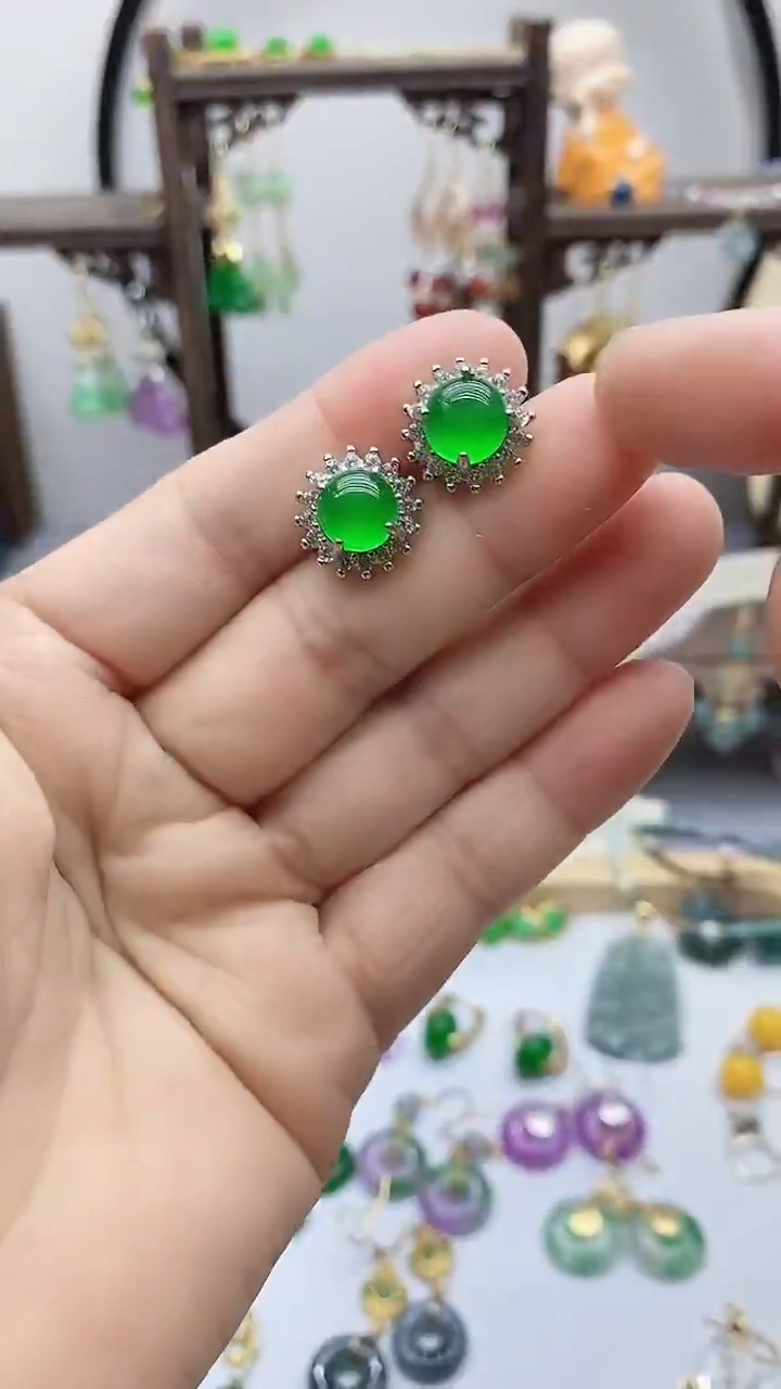 石英质玉（非洲翠）银S925镶嵌耳饰440