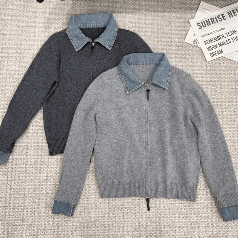 G729#牛仔翻领拼接针织开衫女2025秋冬新款大码微胖m上衣女秋冬