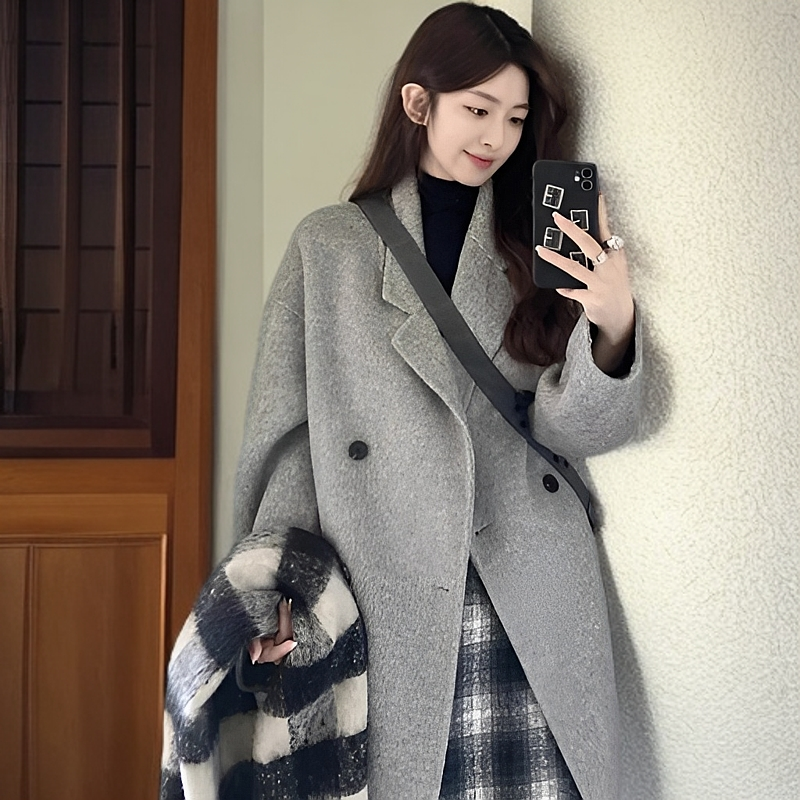 韩版气质百搭复古时尚网红毛呢大衣小个子宽松中长款呢外套秋冬季