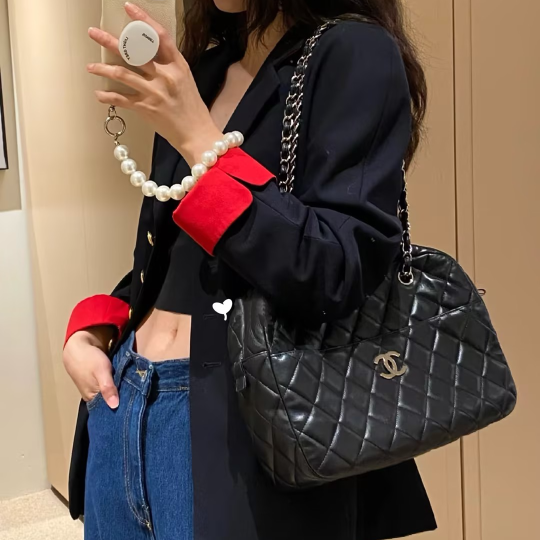 95新 Chanel/香奈儿 Azul - 黑银羊皮菱格纹口袋单肩包53567