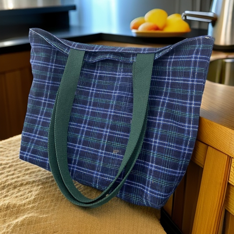 韩版小清新湖蓝色托特包时尚格纹编织手提单肩包女士布袋