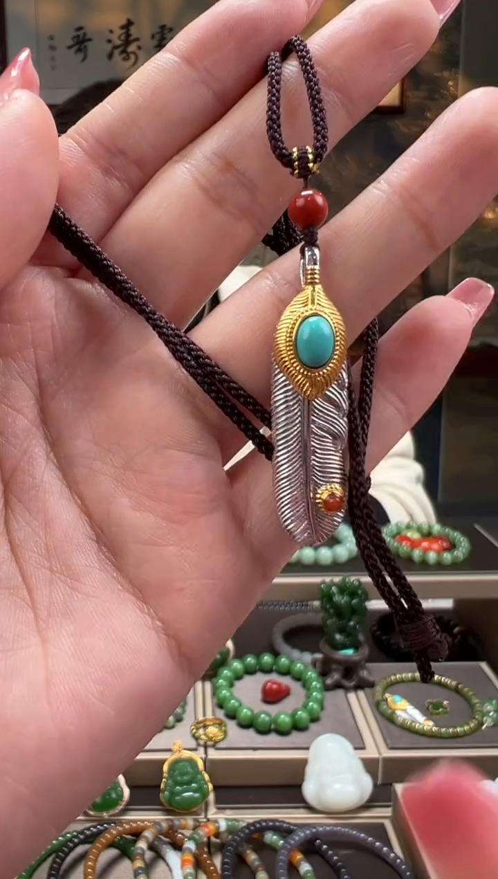 【闪购商品】绿松石挂件银S925镶嵌羽毛