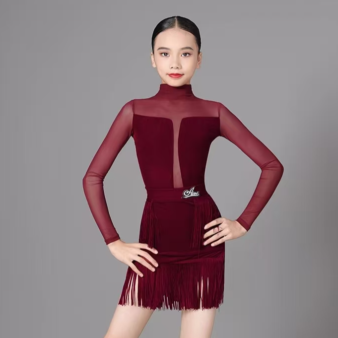 采舞者拉丁舞服女童秋冬新款长袖连体上衣裙子儿童训练练功服套装